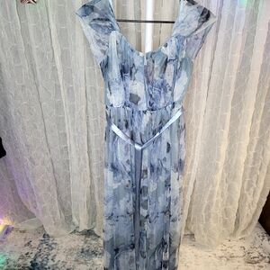 Candalite Blue Gray Sparkle Rose Floral Mesh Flowy On Or Off Shoulder Maxi Dress
